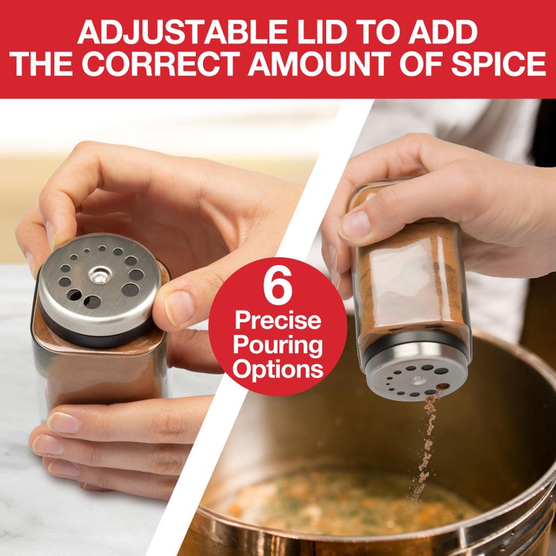 Good Cooking Adjustable Glass Spice Jars (Set of 6) with 6 Pouring Sizes- Stainless Steel Lid/Cap- Square Seasoning Bottle Containers for Minimalist Kitchen Pantry Storage Organization- Fill Shaker w Salt Pepper - Image 4
